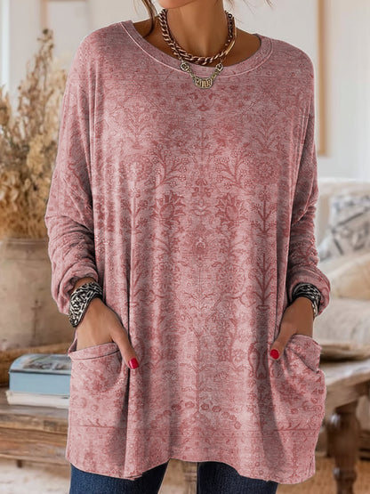 Women's Retro Ethnic Art Print Casual Long-Sleeve Round Neck Cotton T-Shirt