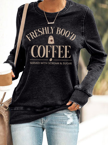 🔥HOT SALE🔥Retro Halloween Ghost Freshly Boo'd Coffee Served With Scream & Sugar Print Sweatshirt