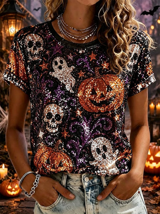 Women's Halloween Scary Pumpkin Face Cat Art Print Top