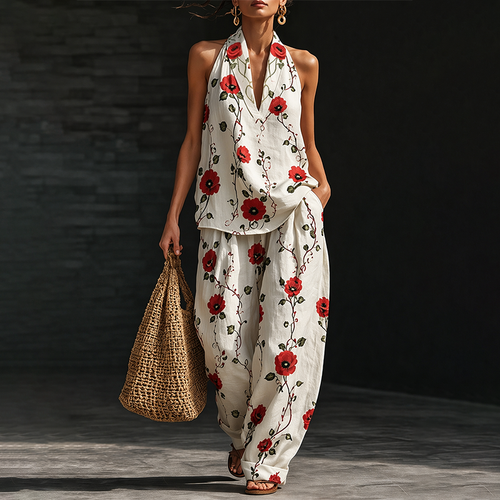 Women's Casual Linen Two-Piece Set with "Memorial Day" Poppy Floral Art Print