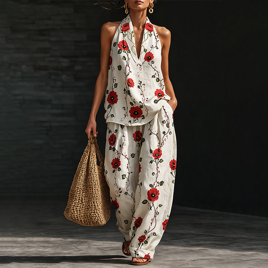 Women's Casual Linen Two-Piece Set with "Memorial Day" Poppy Floral Art Print