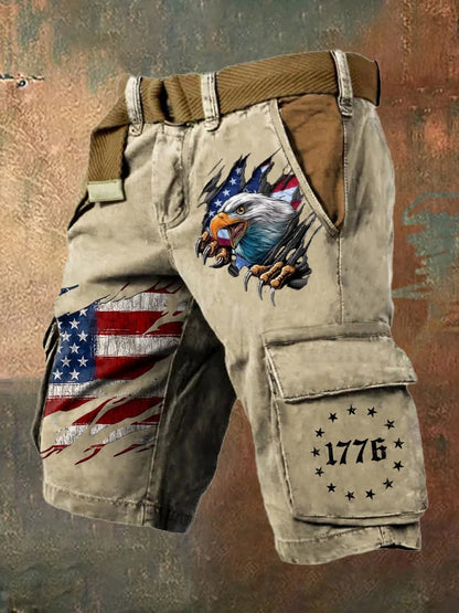 Men's Retro Independence Day Flag Print  Cargo Shorts