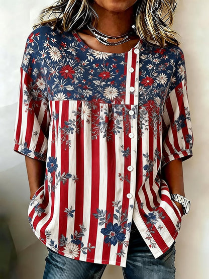 Women's Casual Patriotic Loose Cotton-Linen Top