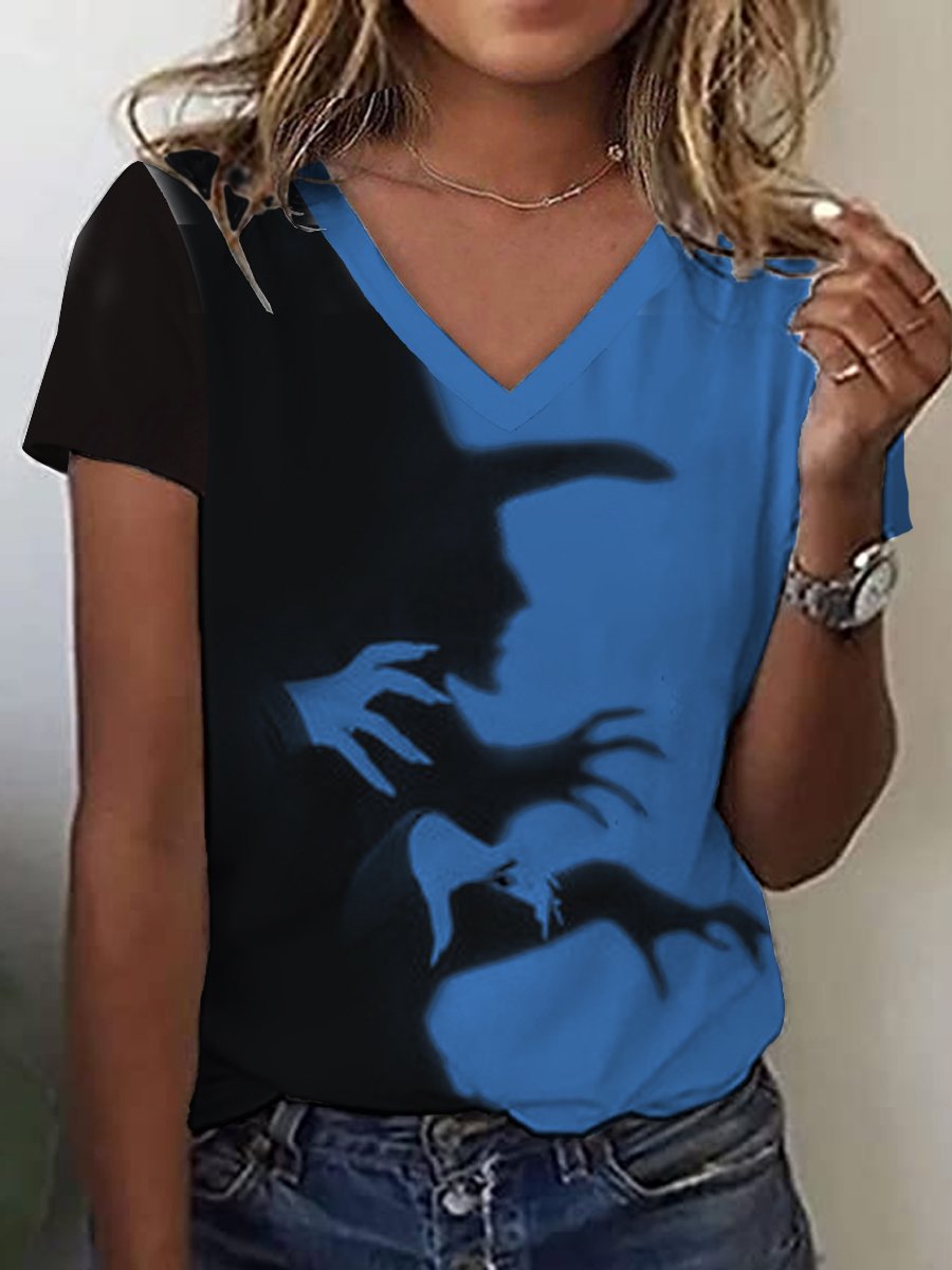 Women's Halloween Witch Shadow Print Casual V-Neck Tee