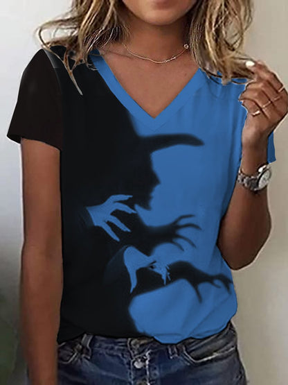 Women's Halloween Witch Shadow Print Casual V-Neck Tee