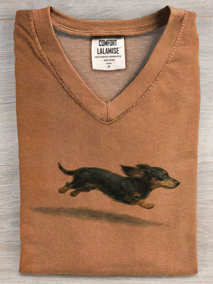 Funny Cute Running Dachshund Art Print V-neck Casual T-shirt