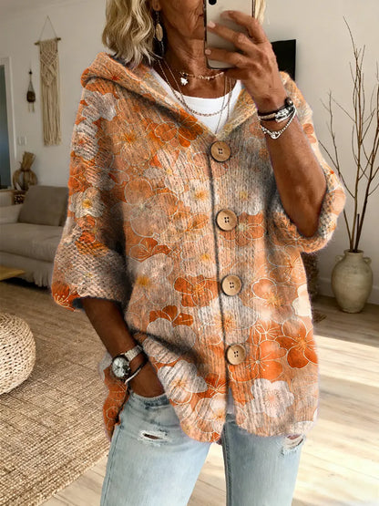 Ethnicity Colorful Flowers Women's Art Print Casual Hooded Cardigan Sweater