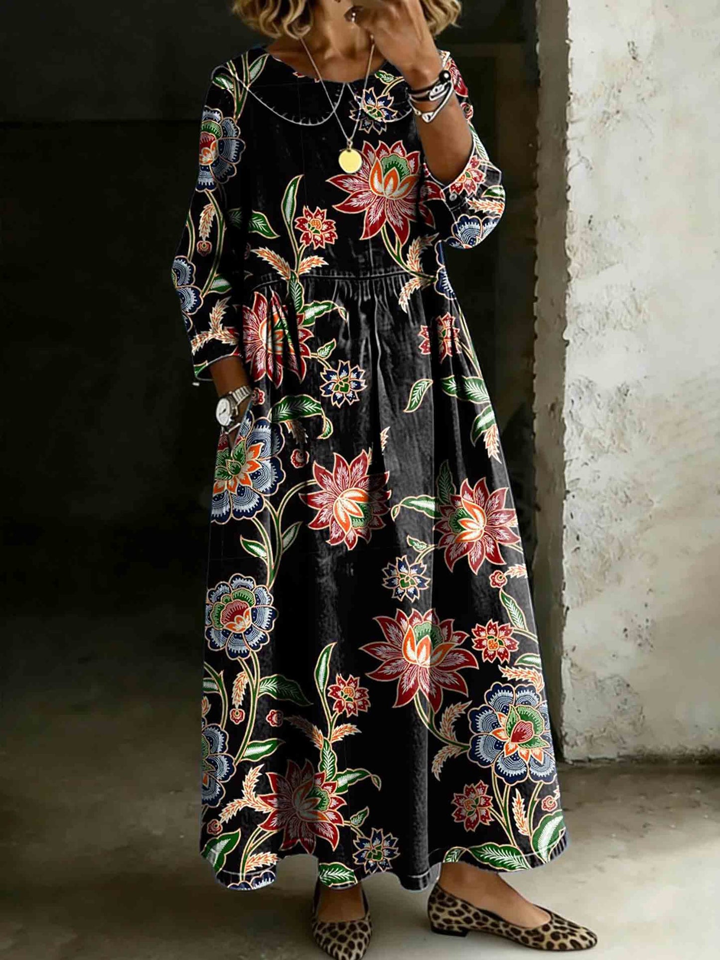 Women's Retro Ethnic Floral Patterns Art Lapel Collar Pleated Long Sleeve Casual Loose Denim Dress