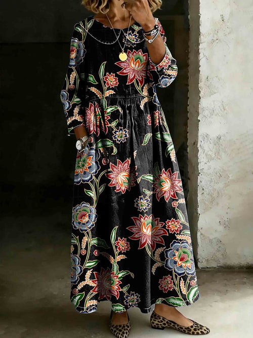 Women's Retro Ethnic Floral Patterns Art Lapel Collar Pleated Long Sleeve Casual Loose Denim Dress