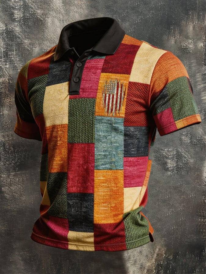 Men's Retro Patriotic Color-Block Short-Sleeve Polo Shirt