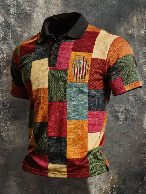 Men's Retro Patriotic Color-Block Short-Sleeve Polo Shirt
