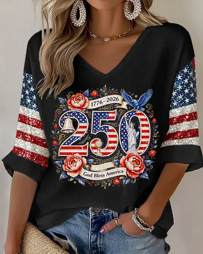 250th Anniversary Rose Eagle Print V-neck Half Sleeved Loose Top