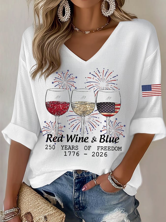 Women's Casual Waffle-Knit T-Shirt with U.S. 250th Anniversary Print