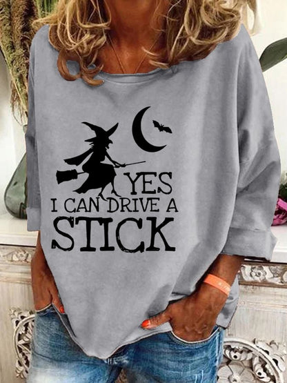 Women's Halloween Yes I Can Drive A Stick  Printed Crew Neck Sweatshirt