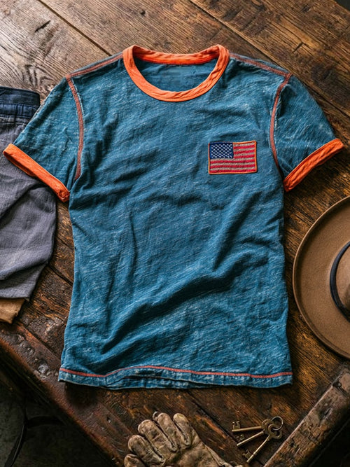 Men's Retro Patriotic Color-Block Crew Neck Short-Sleeve T-Shirt