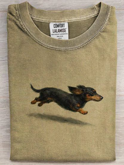 Funny Retro Cute Running Dog Art Print Casual Cotton Short Sleeve T-shirt