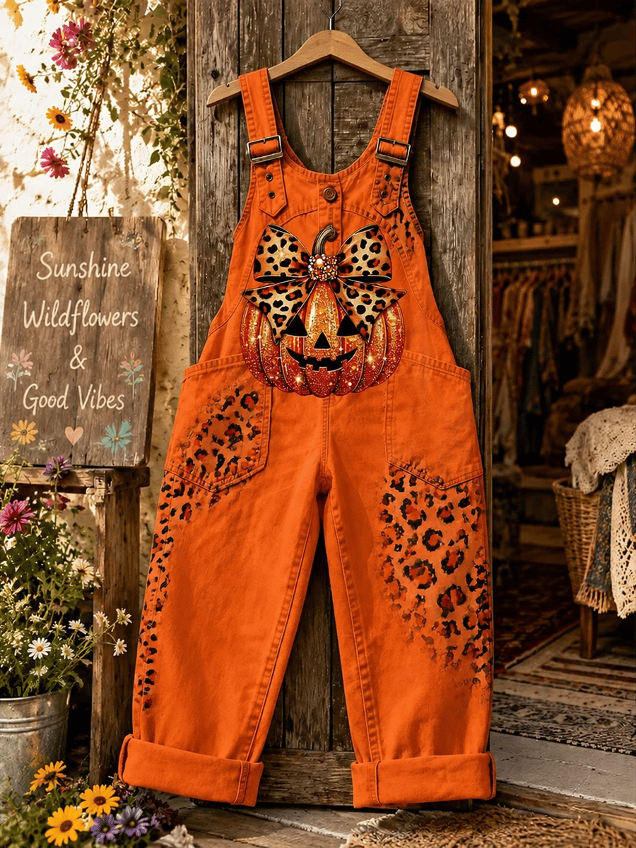 Women's Retro Style Art Print Washed Cotton Denim Patchwork Jumpsuit