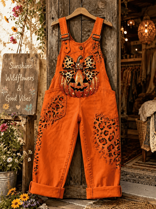 Women's Retro Style Art Print Washed Cotton Denim Patchwork Jumpsuit