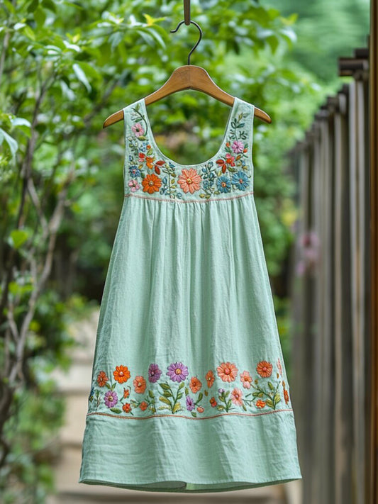 Women's Bohemian Floral Linen Sleeveless Dress
