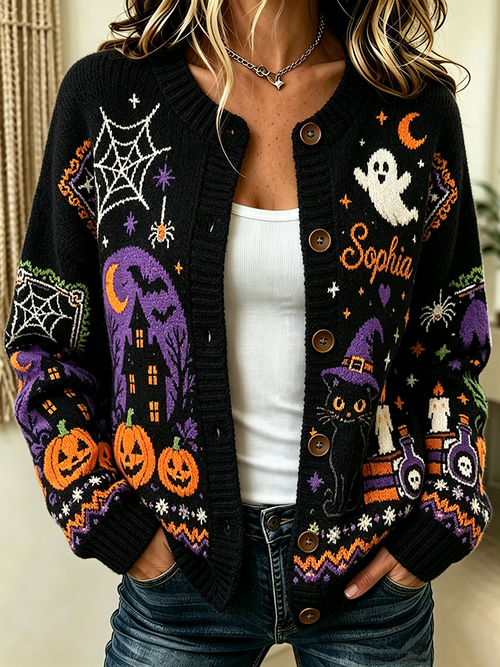 Women'S Casual Pumpkin Halloween Printed Knitted Cardigan Top
