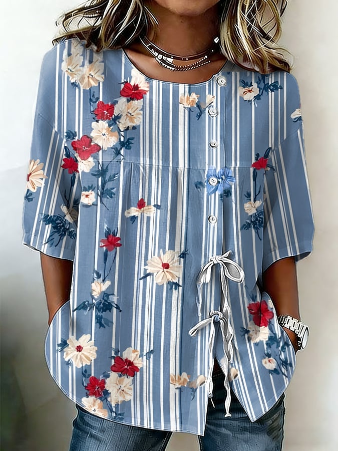 Women's 250th Anniversary Vintage Floral Button-Down Lace-Up Shirt