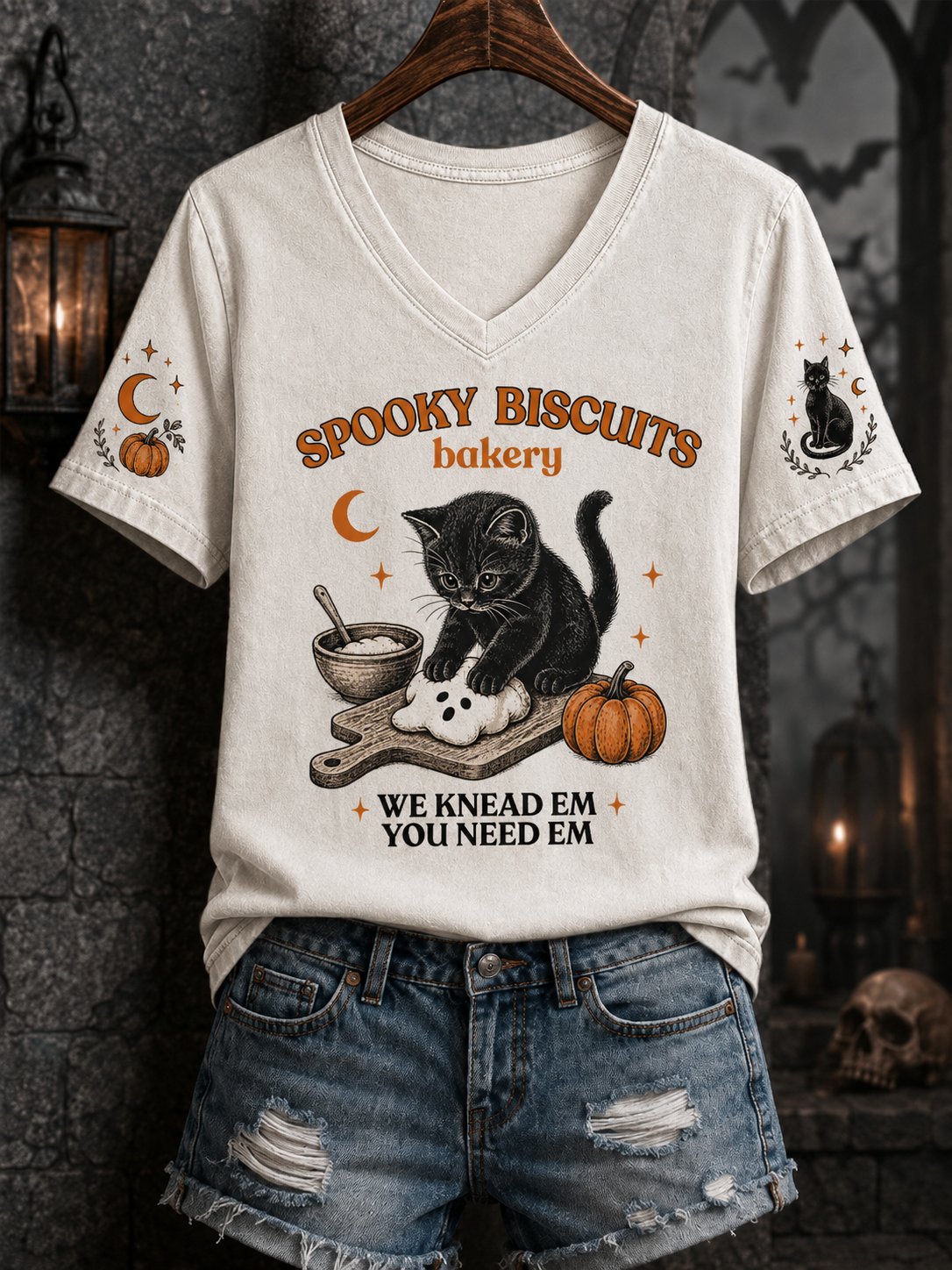 Women's Black Cat Halloween Print Tee