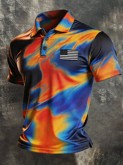 Men's Retro Patriotic Color-Block Short-Sleeve Polo Shirt