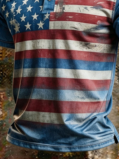 Men's Vintage American Flag Print Washed Denim Polo Shirt, Slim Fit Patriotic Western Style Short Sleeve Top