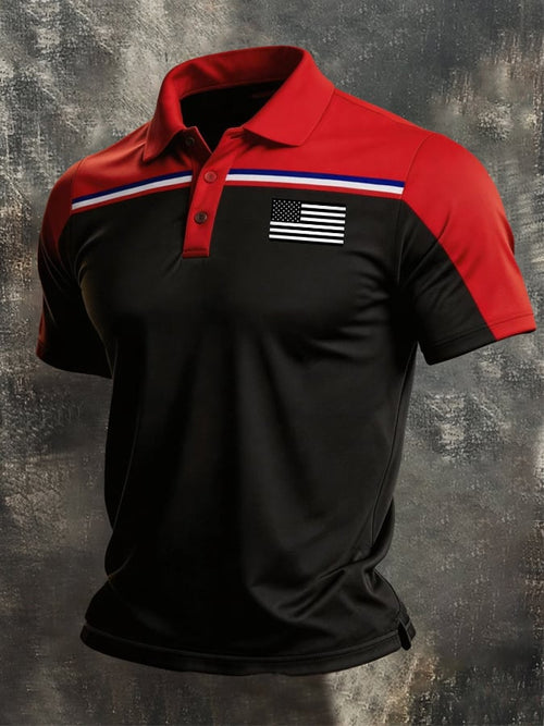 Men's Retro Patriotic Color-Block Short-Sleeve Polo Shirt