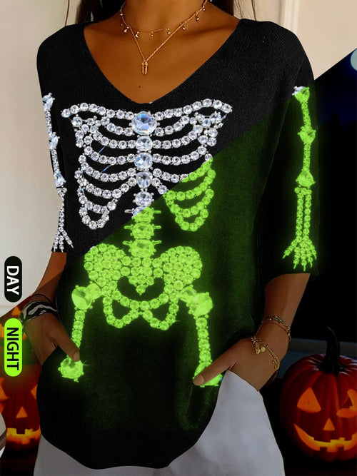 Women's Halloween Fluorescent Diamond Skeleton Print V-Neck T-Shirt