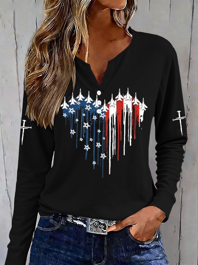 Women's casual retro flag-print button-up sweatshirt