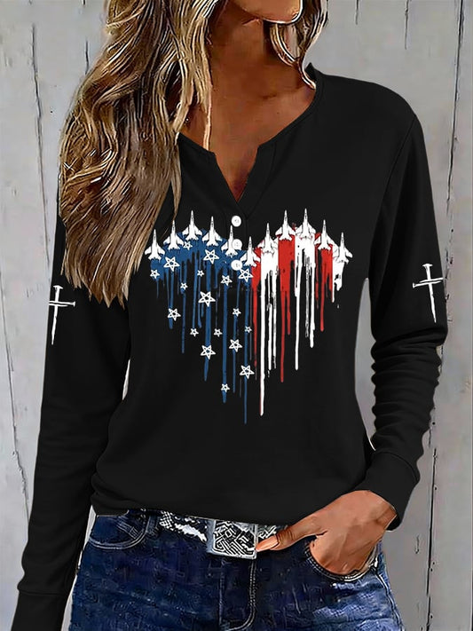 Women's casual retro flag-print button-up sweatshirt