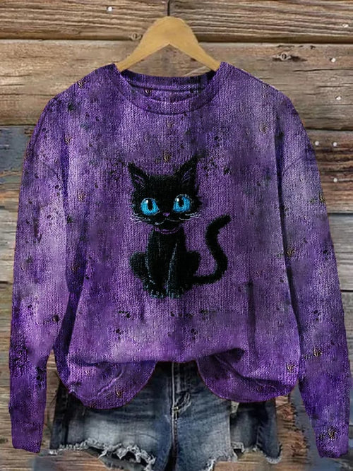 🔥HOT SALE🔥Women's Casual Halloween Black Cat Print Sweatshirt