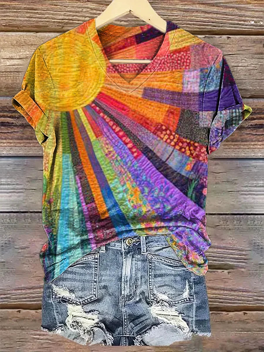 Women's Colorful Sun Collage Art Print Casual Cotton And Linen Shirt