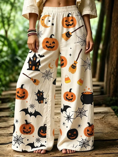 Women's Halloween Printed Pocket Cotton Linen Pants
