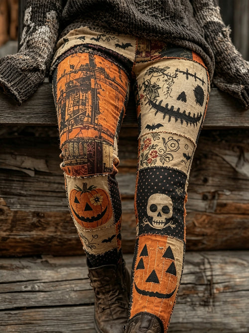 Women'S Retro Pumpkin Black Cat Printed Leggings