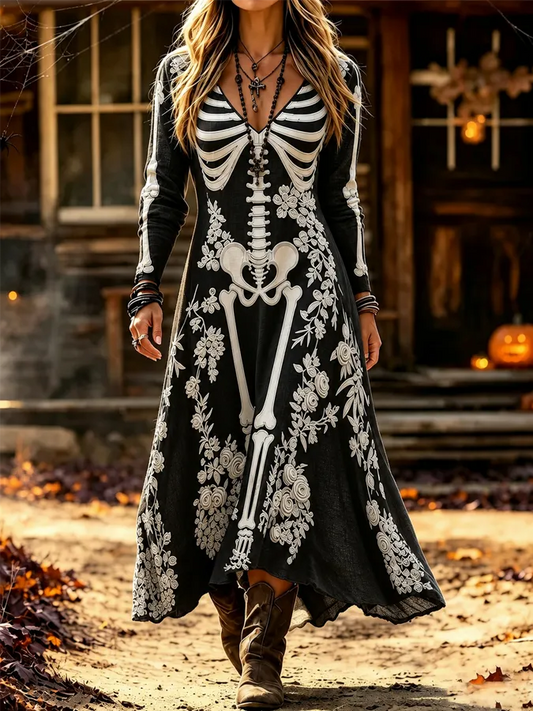 Women's Halloween Skeleton Casual V Neck Maxi Dress