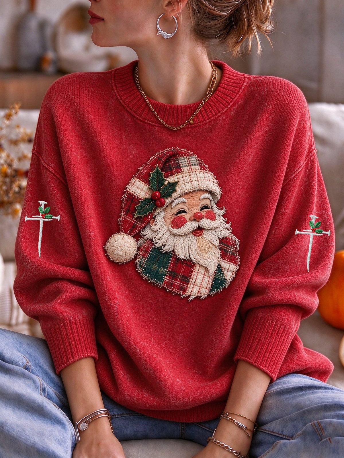 Women's Funny Christmas Ho Ho Hold My Beer Santa Claus Print Casual Cozy Knit Top