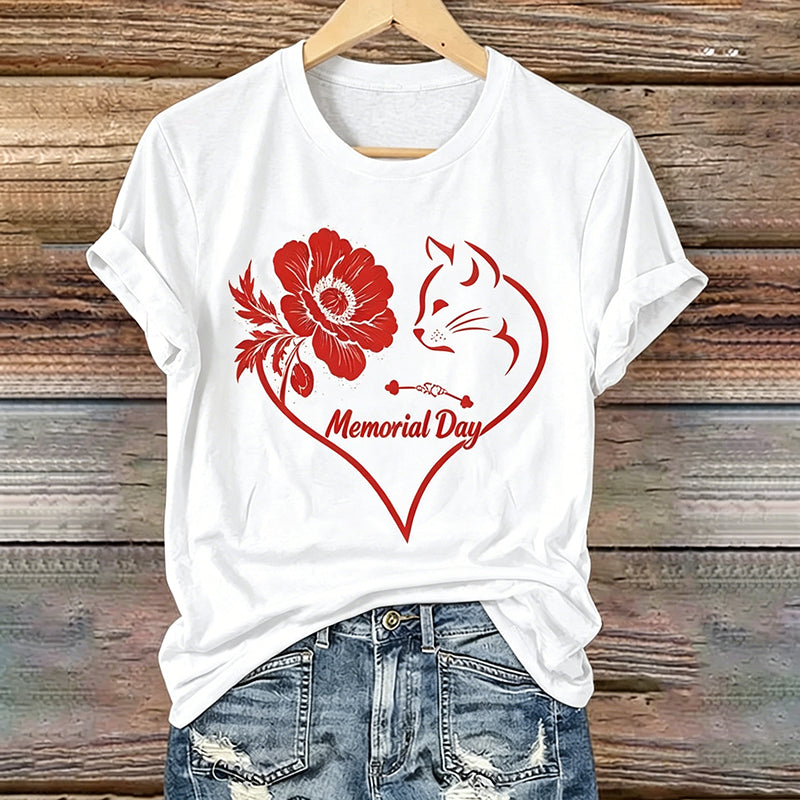 Women's Memorial Day Poppy Cat Art Printed T-Shirt
