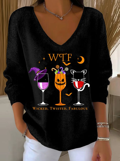 🔥HOT SALE🔥Women's WTF Wicked Twisted Fabulous Print V Neck Sweater