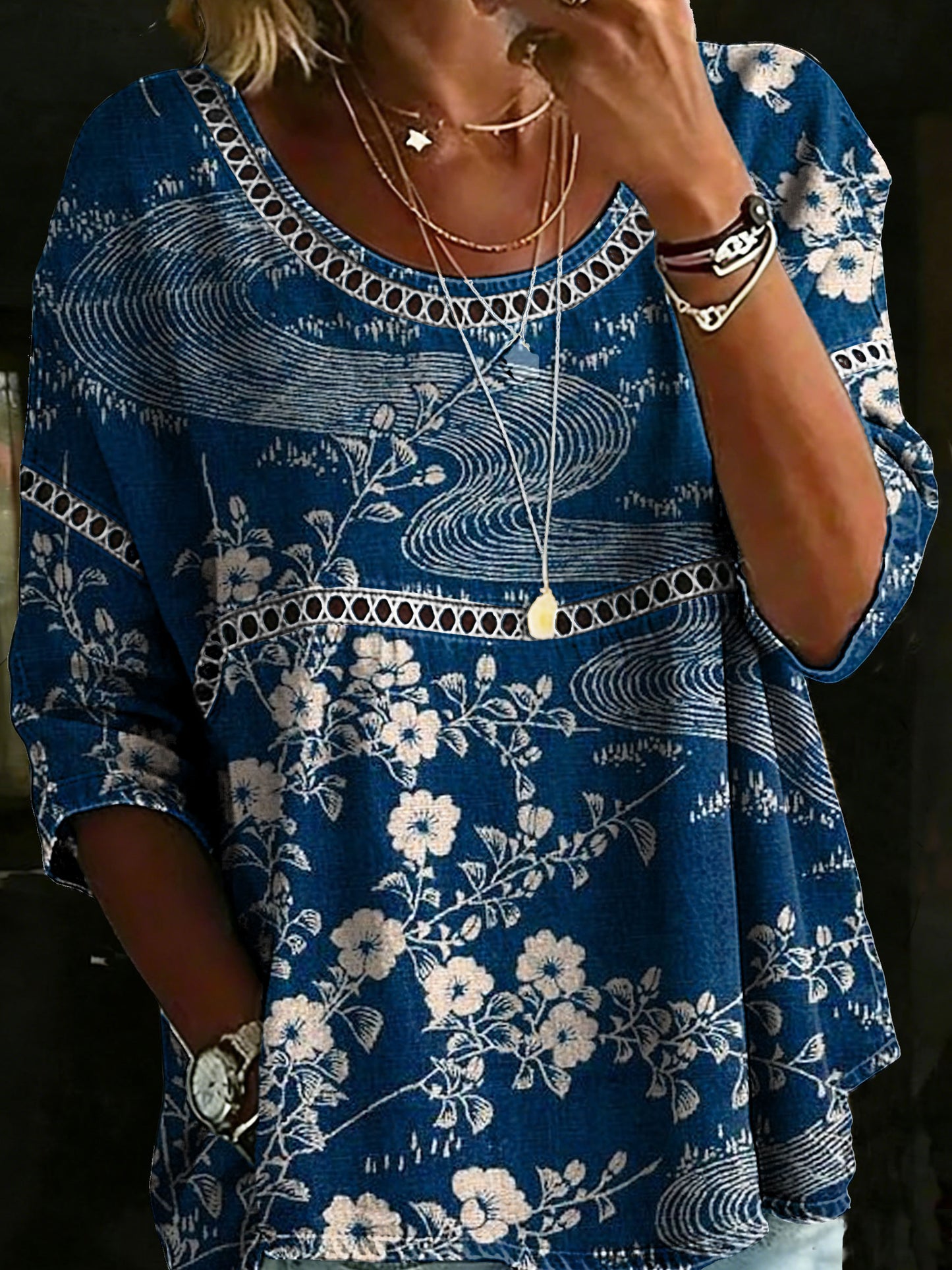 Women's Vintage Floral Casual Loose Denim Blouse Shirt