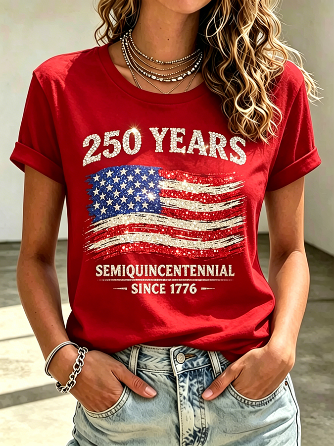 Ladies' Casual American 250Th Anniversary Commemorative Sequin Personalized Printed Round Neck Short Sleeved T-Shirt