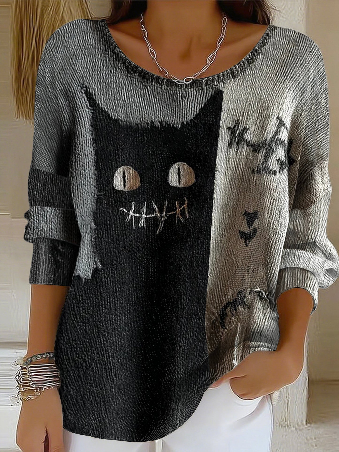 Women's Black Cat Contrast Knitted Casual Top