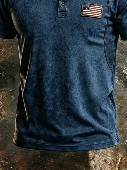 Men's Retro-Print Henley T-Shirt — Slim-Fit, Raglan-Sleeve, American-Style Casual Top with U.S. Flag Patch
