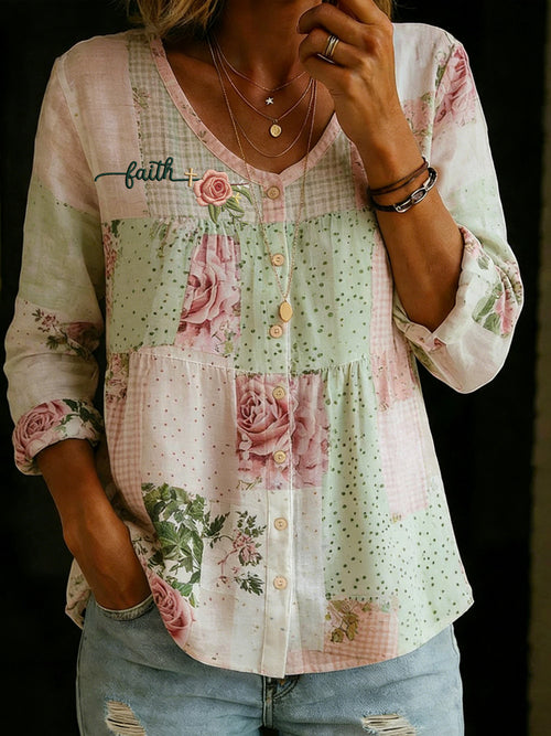 Women's Vintage Floral "Faith" Print V-Neck Top