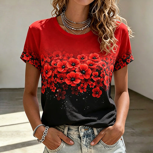 Women's Memorial Day Poppy Art Printed T-Shirt