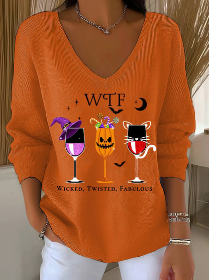 🔥HOT SALE🔥Women's WTF Wicked Twisted Fabulous Print V Neck Sweater