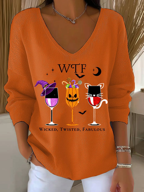 🔥HOT SALE🔥Women's WTF Wicked Twisted Fabulous Print V Neck Sweater