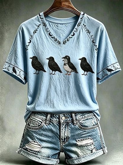 Women's Halloween Crow Print Casual T-shirt