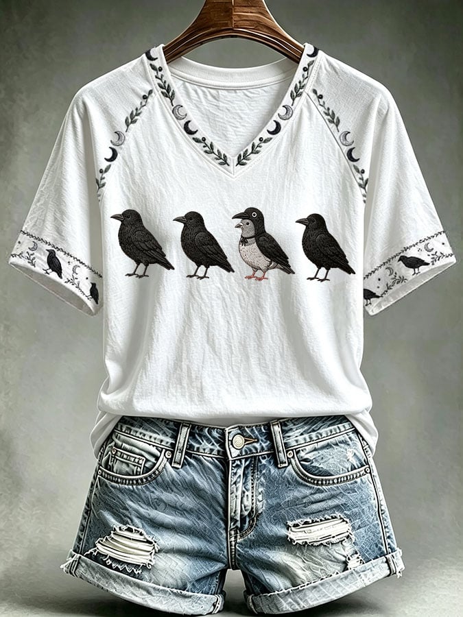 Women's Halloween Crow Print Casual T-shirt